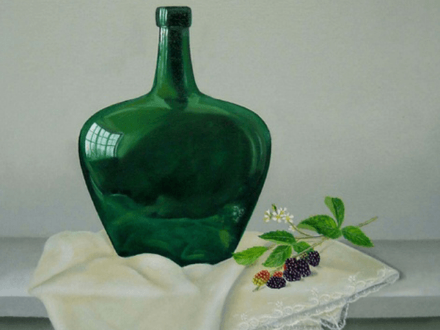Bramen en groene fles op doek