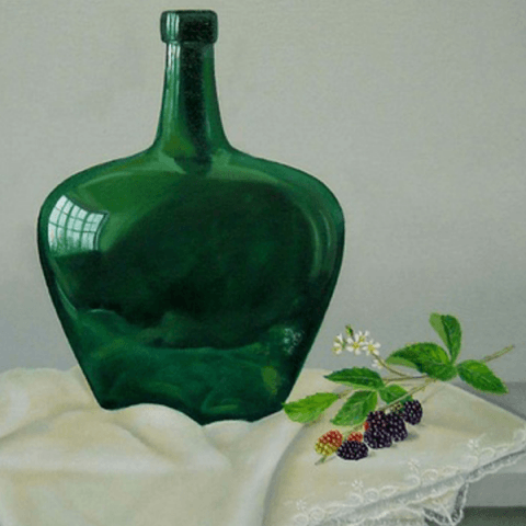 Bramen en groene fles op doek