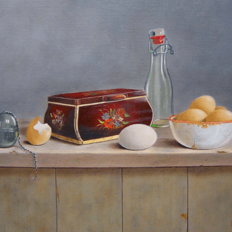 Oud pickwick theeblik en eieren